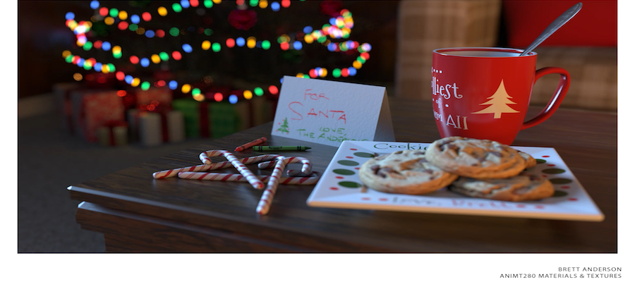 Realistic VFX still of milk and cookies in front of a Christmas tree